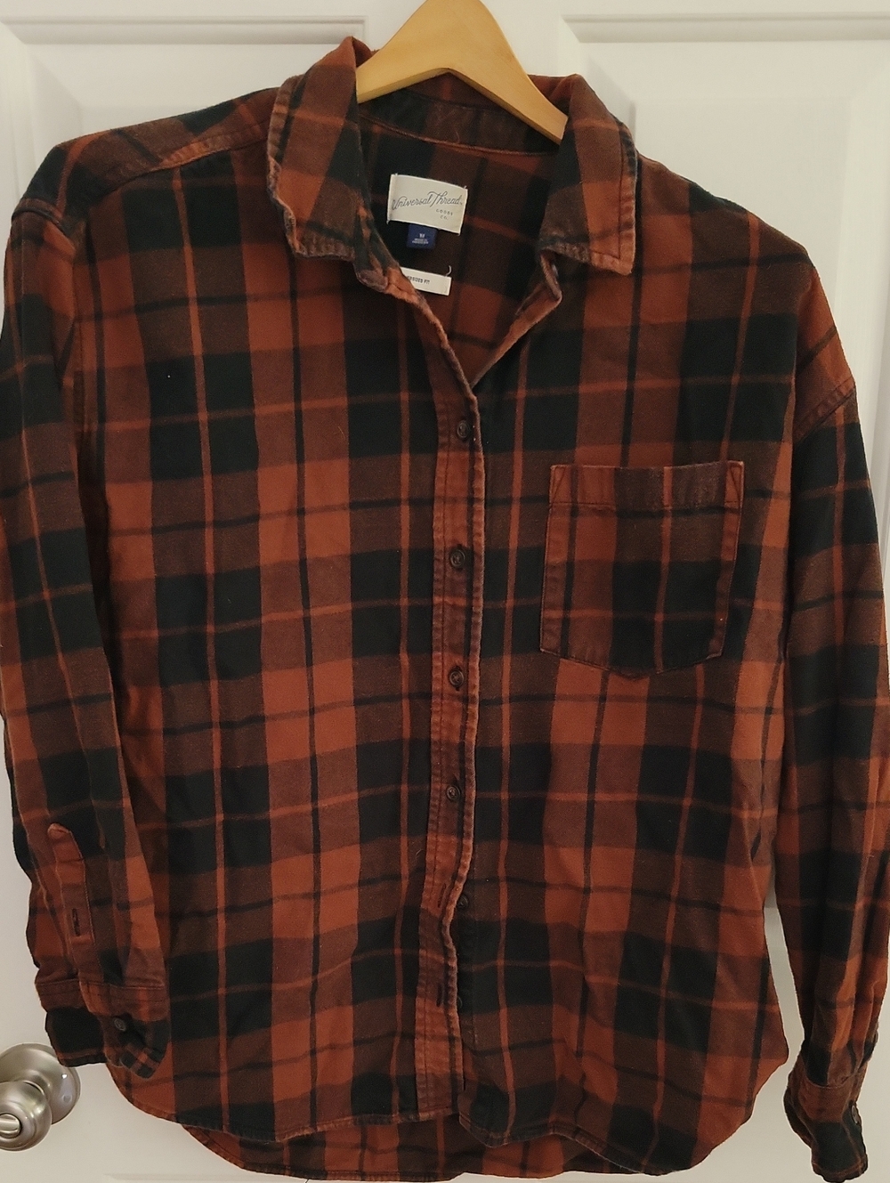 Universal Threada Womens Brosn and Black Plaid Button-Down Shirt